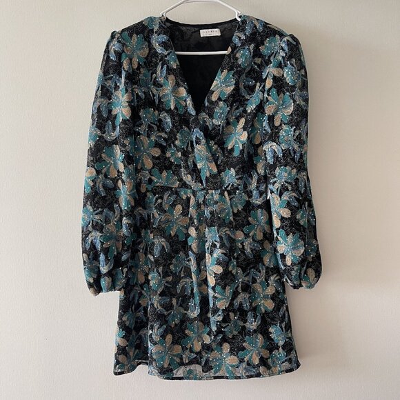 SANDRO Dress Sequins blue Flowers Sz 40 Gold - Picture 3 of 13